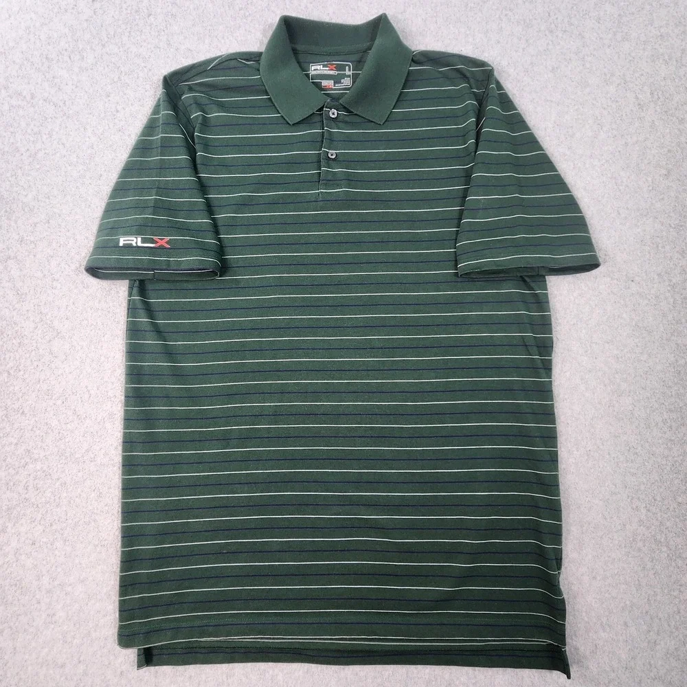 RLX Ralph Lauren Golf Polo Mens Large Green White Blue Striped Performance Shirt